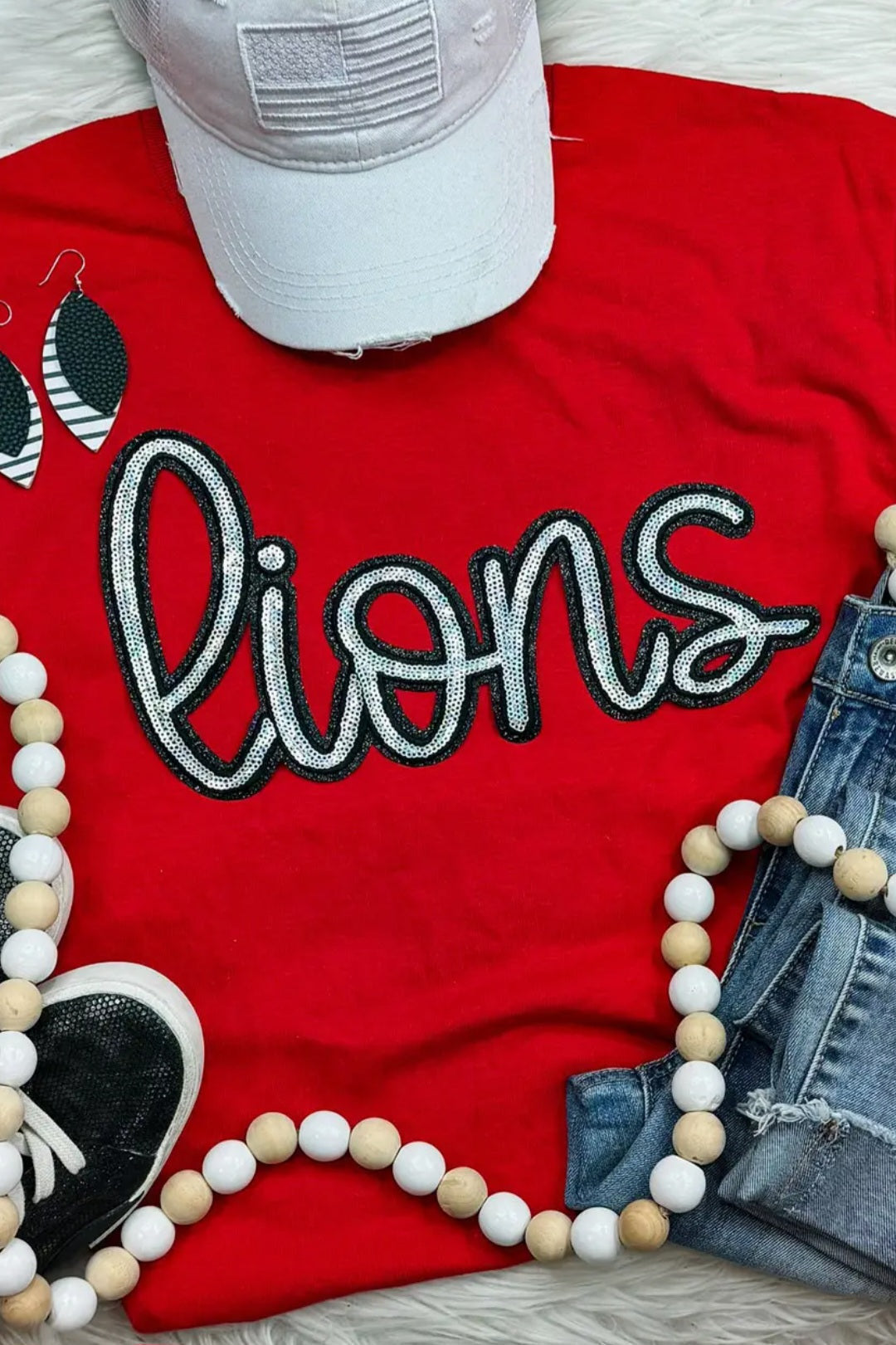 "Lions" 11.6"W X 6.5"H Team Spirit Mascot Sequin Patch Silver and Black