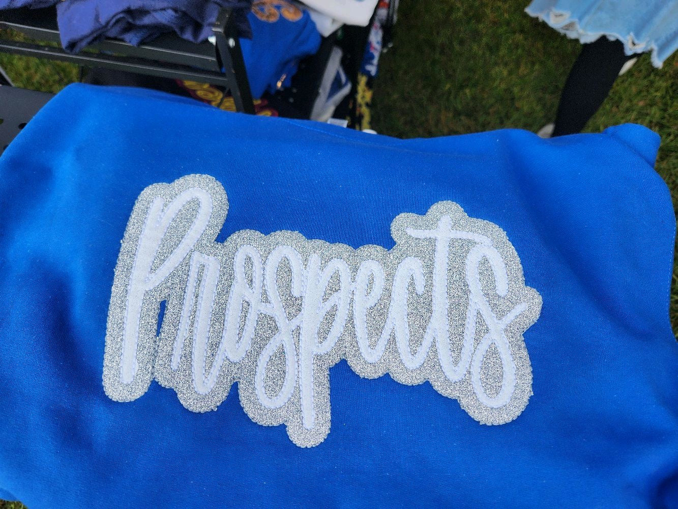Custom Mascot Option Embroidered Sweatshirt Double Layer Glitter Script
