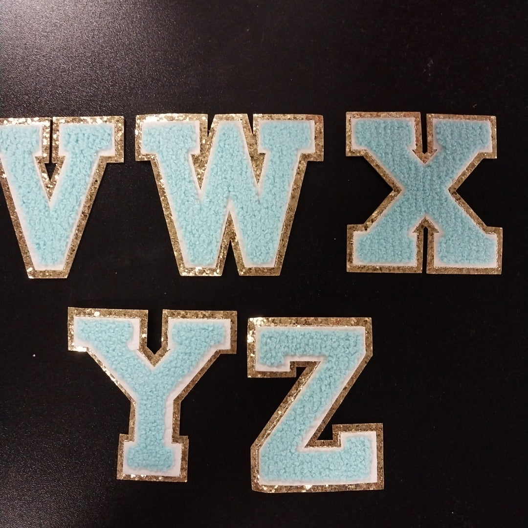 Chenille Letter Patch -3" Aqua w/Chunky Gold Glitter Trim