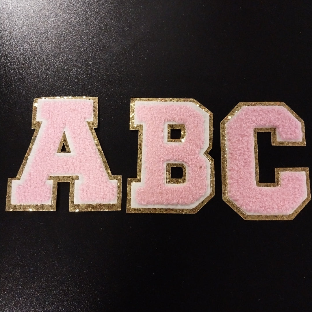 Chenille Letter Patch -3" Pink w/Chunky Gold Glitter Trim