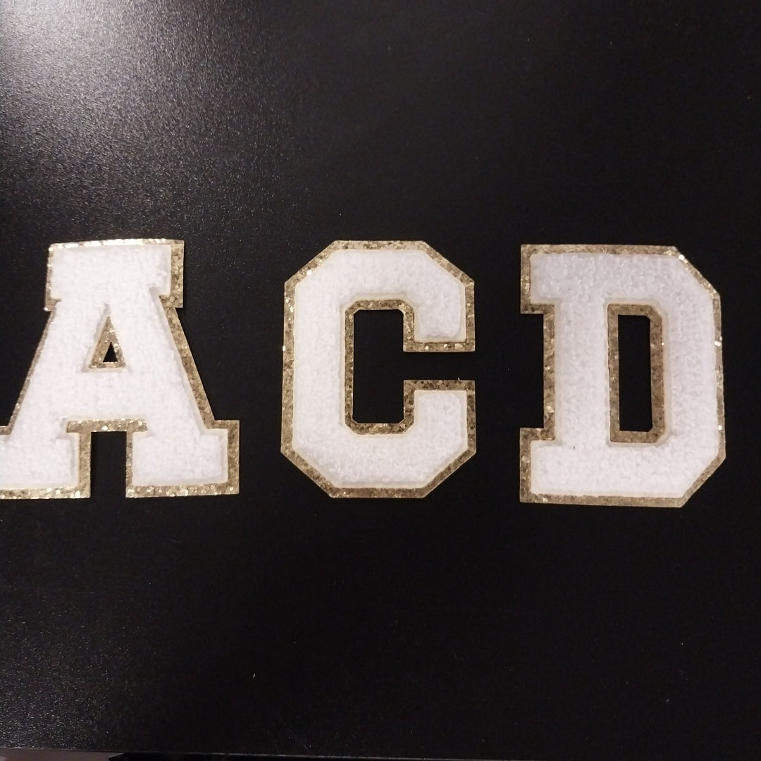 3" White w/Chunky Gold Glitter Trim Chenille Patch
