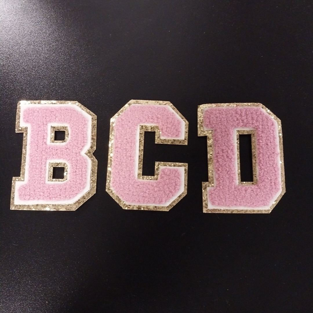 Chenille Letter Patch -3" Dusty Pink w/Chunky Gold Glitter Trim