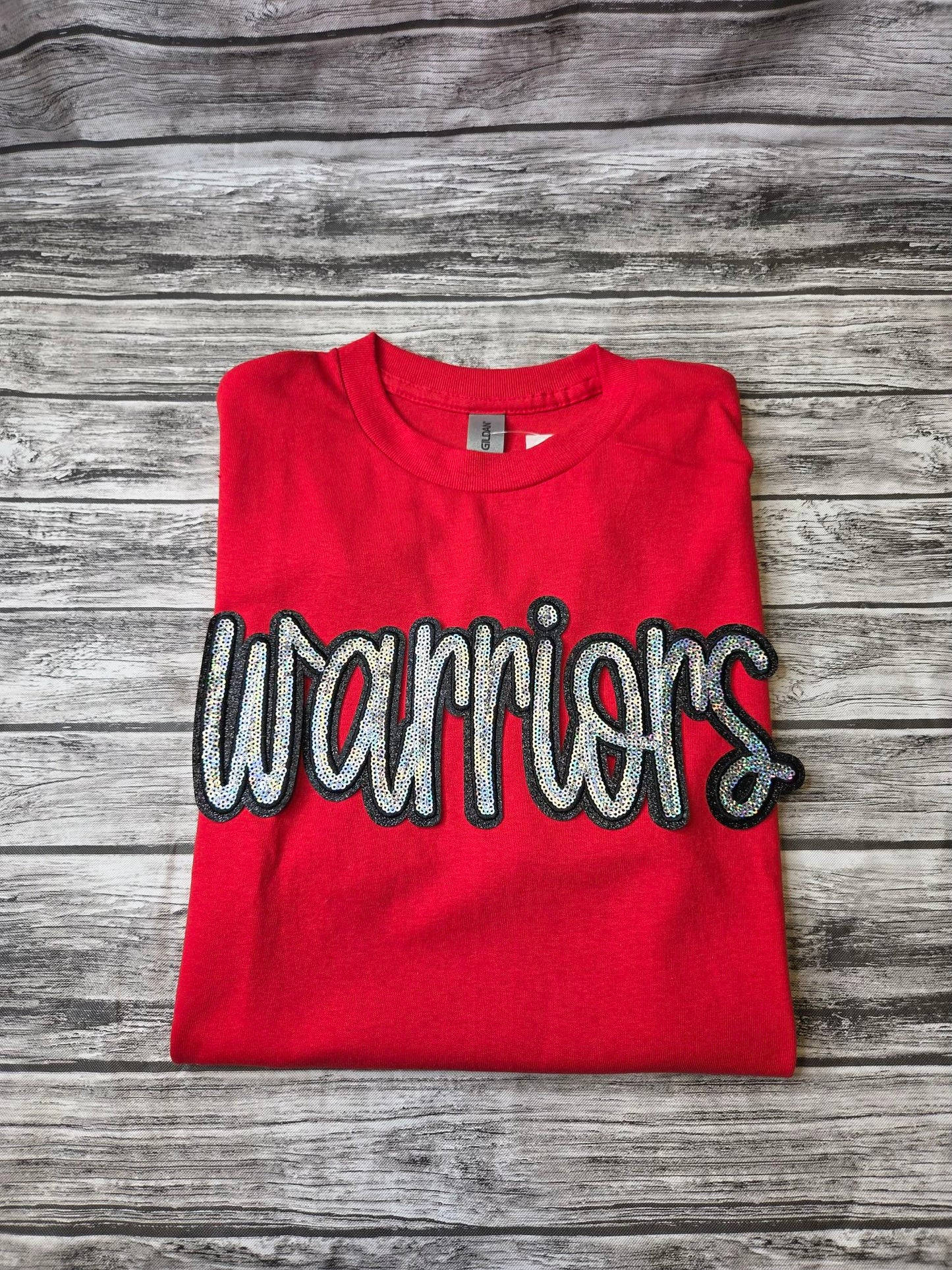 "Warriors" 11.6"W X 6.5"H Team Spirit Mascot Sequin Patch Silver and Black