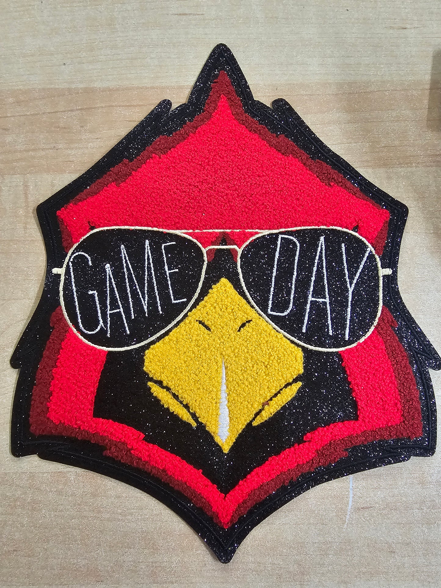 Cardinal Game Day w/glasses Chenille Sequin Patch