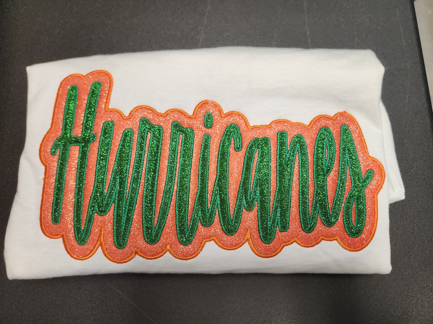 "Hurricanes" Grass Green Offset in Amber Orange Embroidered Sweatshirt Double Layer Glitter Script