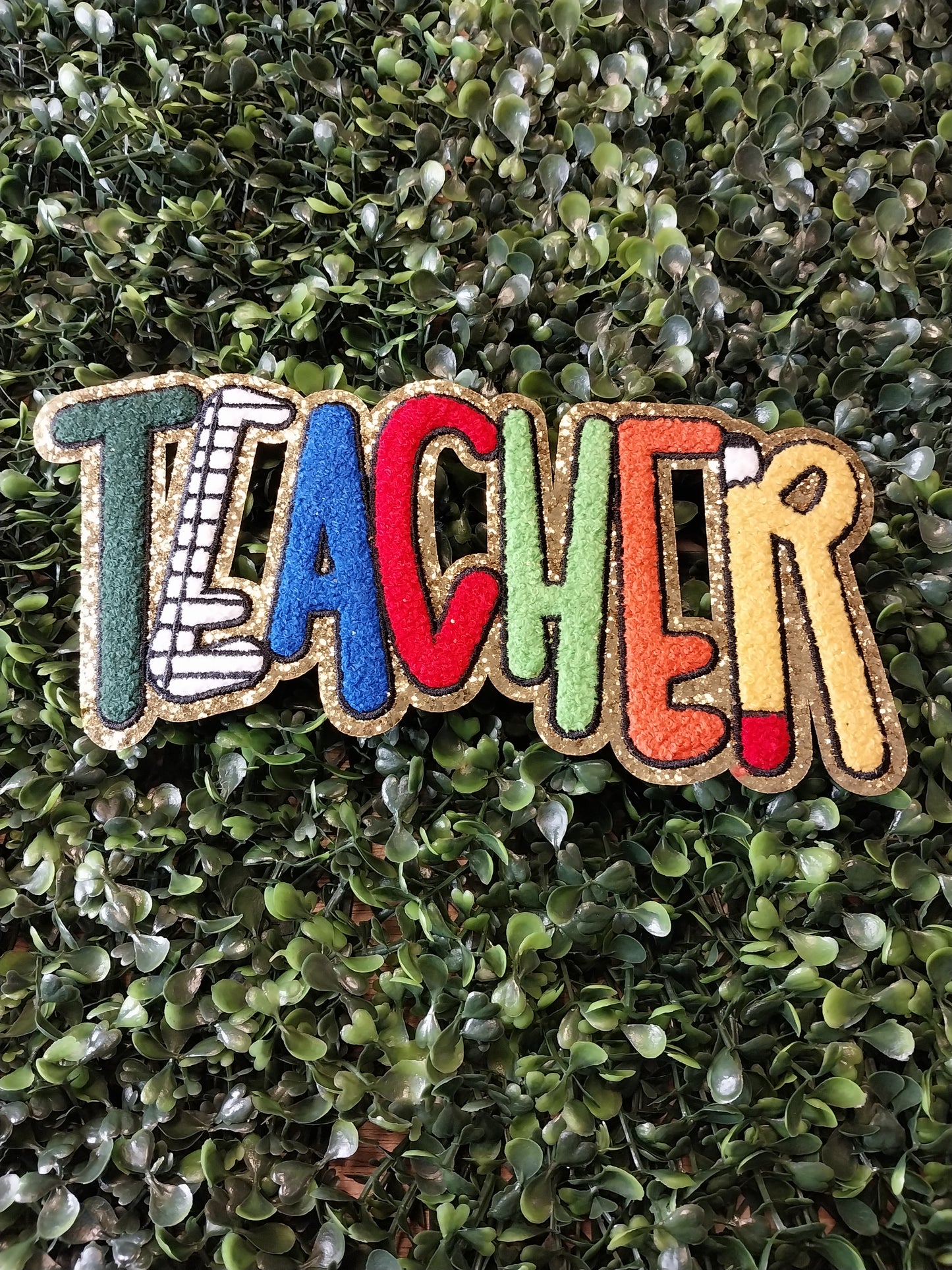 Teacher Chenille Patch (gold glitter trim)