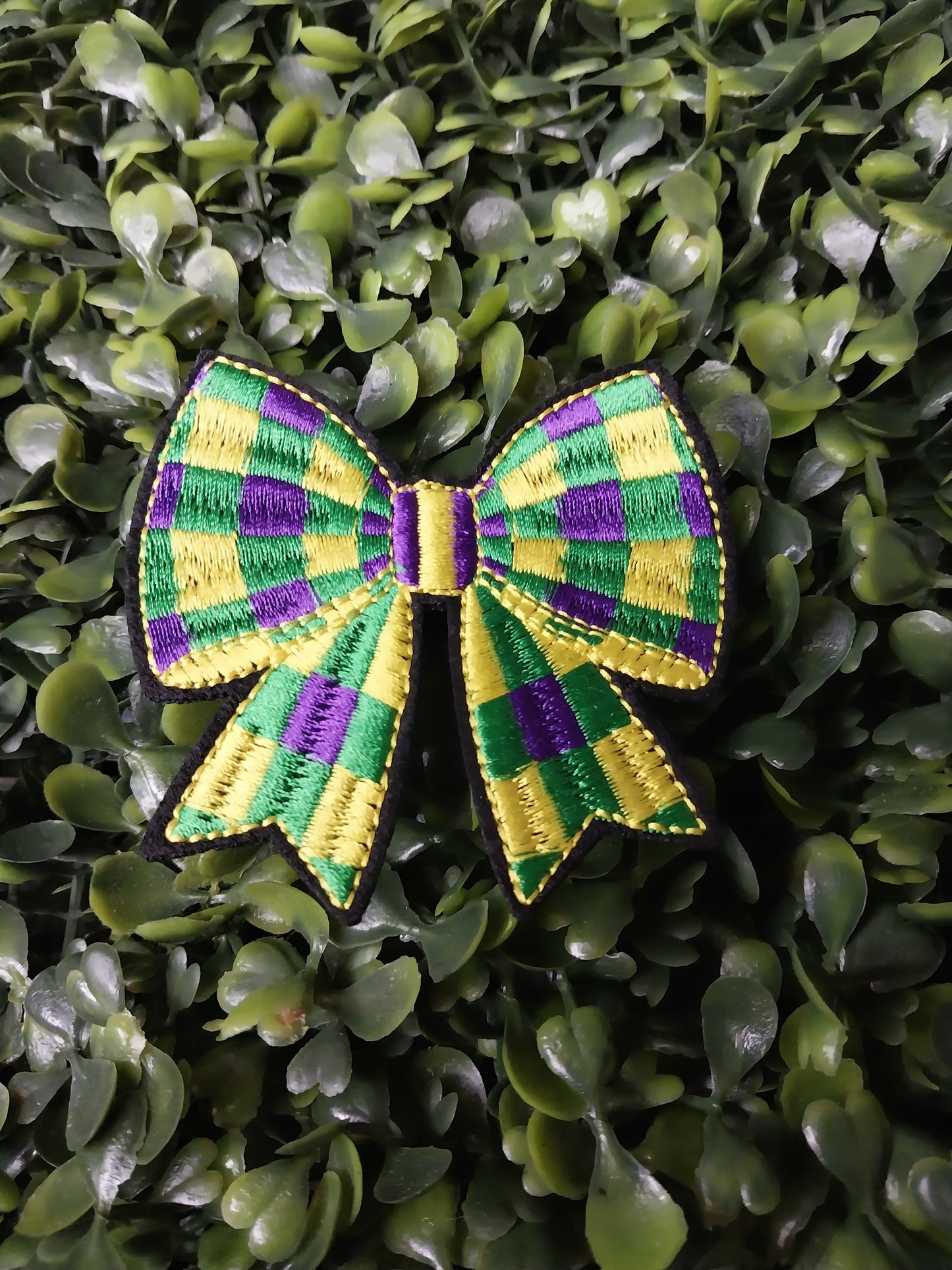 Mardi Gras Bow Embroidered Patch Purple, Green, Gold - Hat Patch