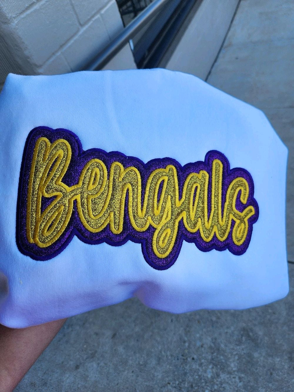 "Bengals" Gold Glitter Offset in Purple Glitter Embroidered Sweatshirt Double Layer Glitter Script