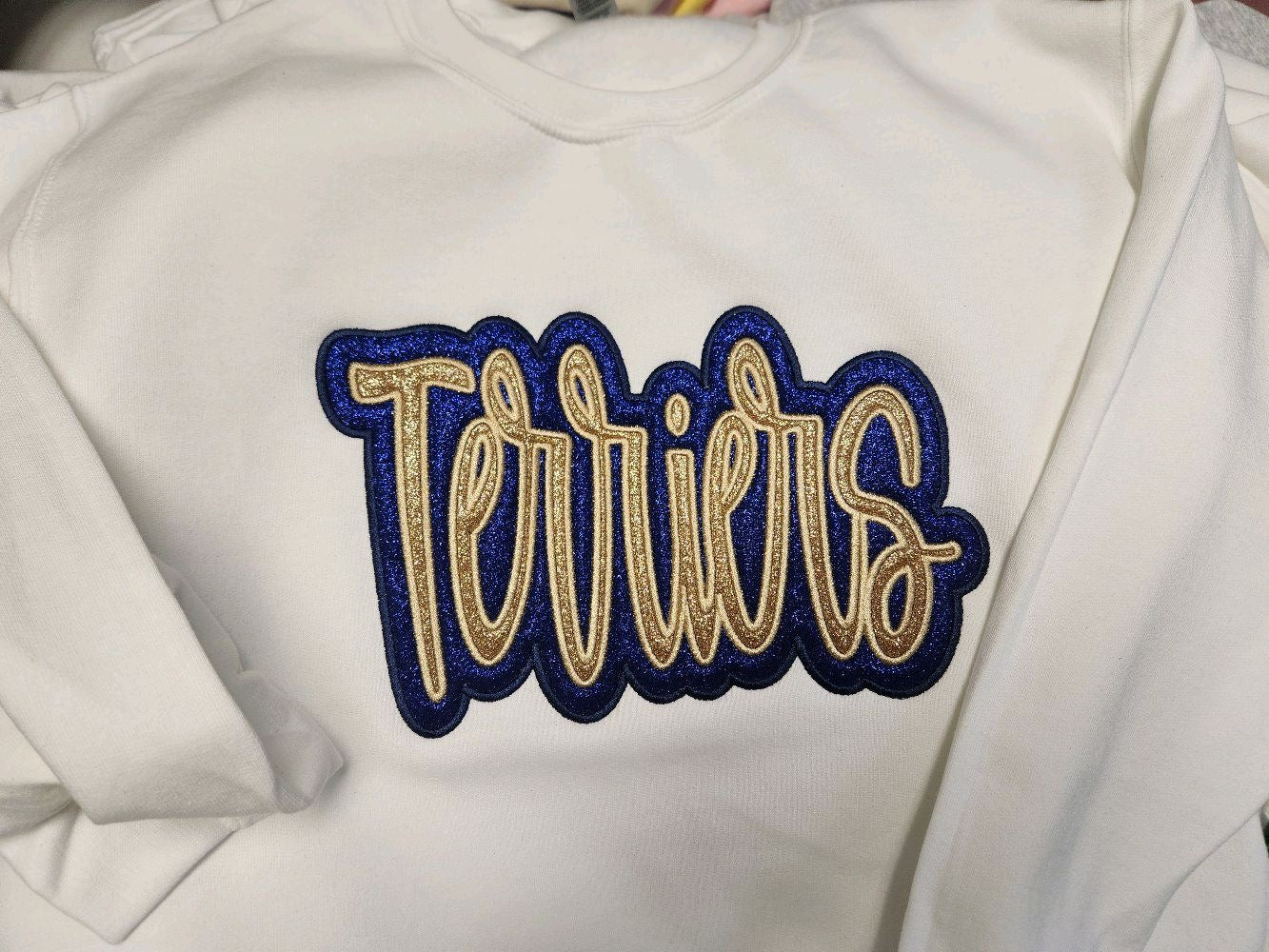 Custom Mascot Option Embroidered Sweatshirt Double Layer Glitter Script
