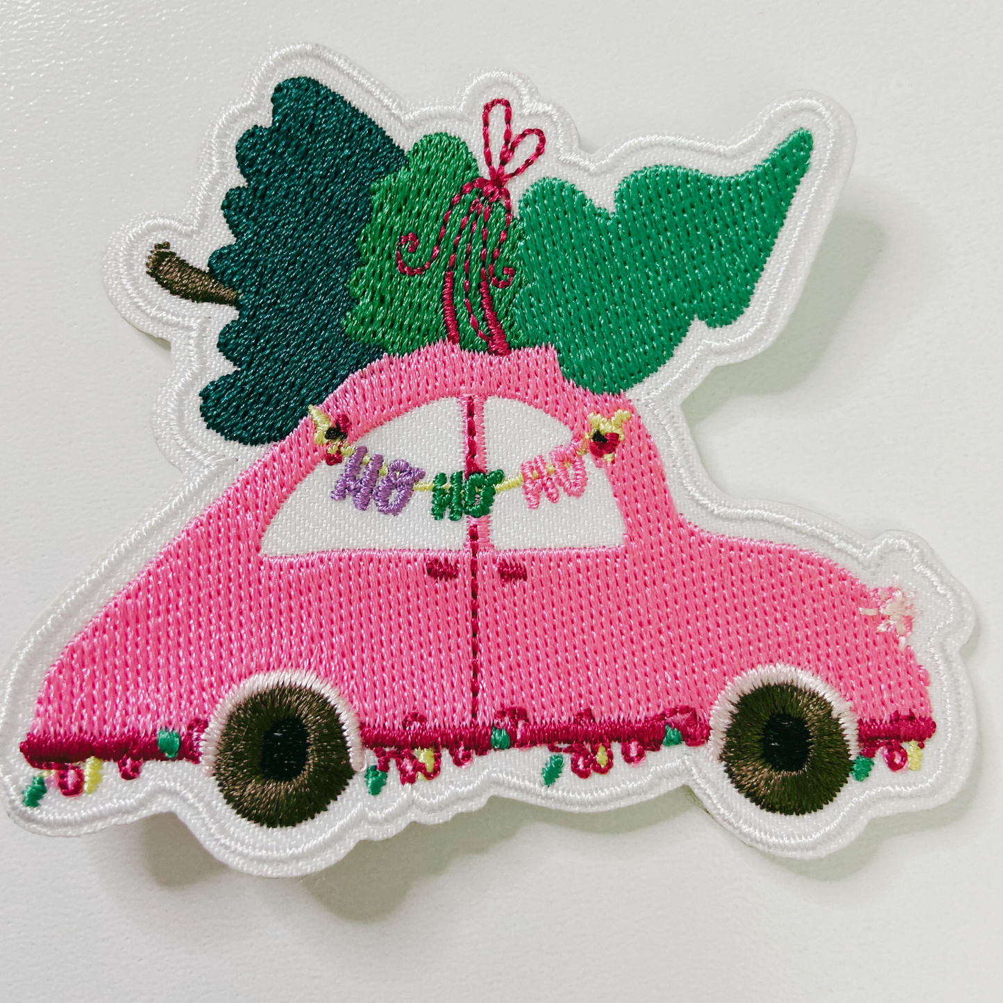 3" Pink Car w Christmas Tree - Embroidered Hat Patch