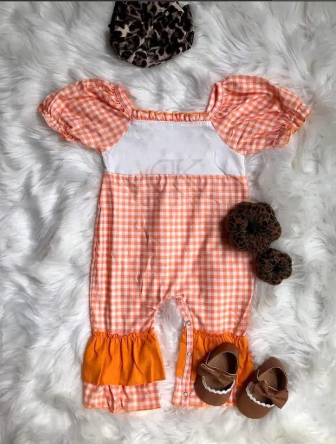 Sublimation Orange Gingham Puff Sleeve Ruffle Romper