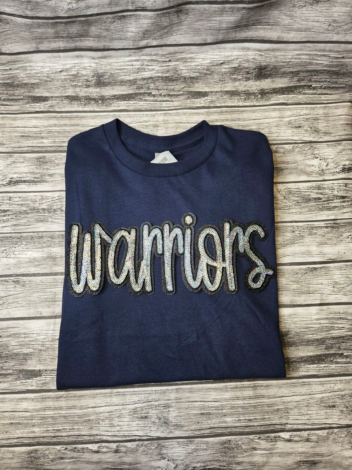 "Warriors" 11.6"W X 6.5"H Team Spirit Mascot Sequin Patch Silver and Black
