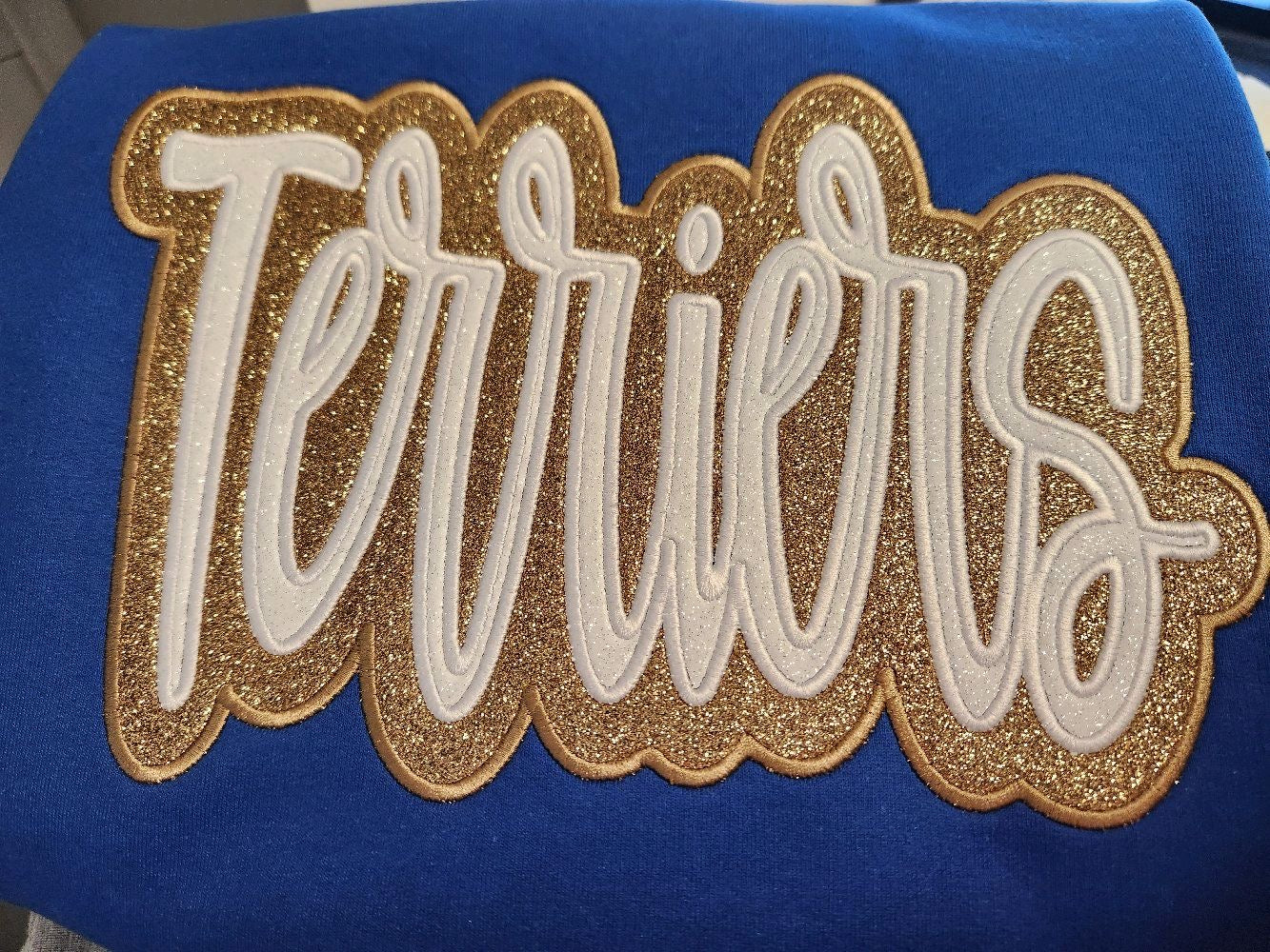 Custom Mascot Option Embroidered Sweatshirt Double Layer Glitter Script
