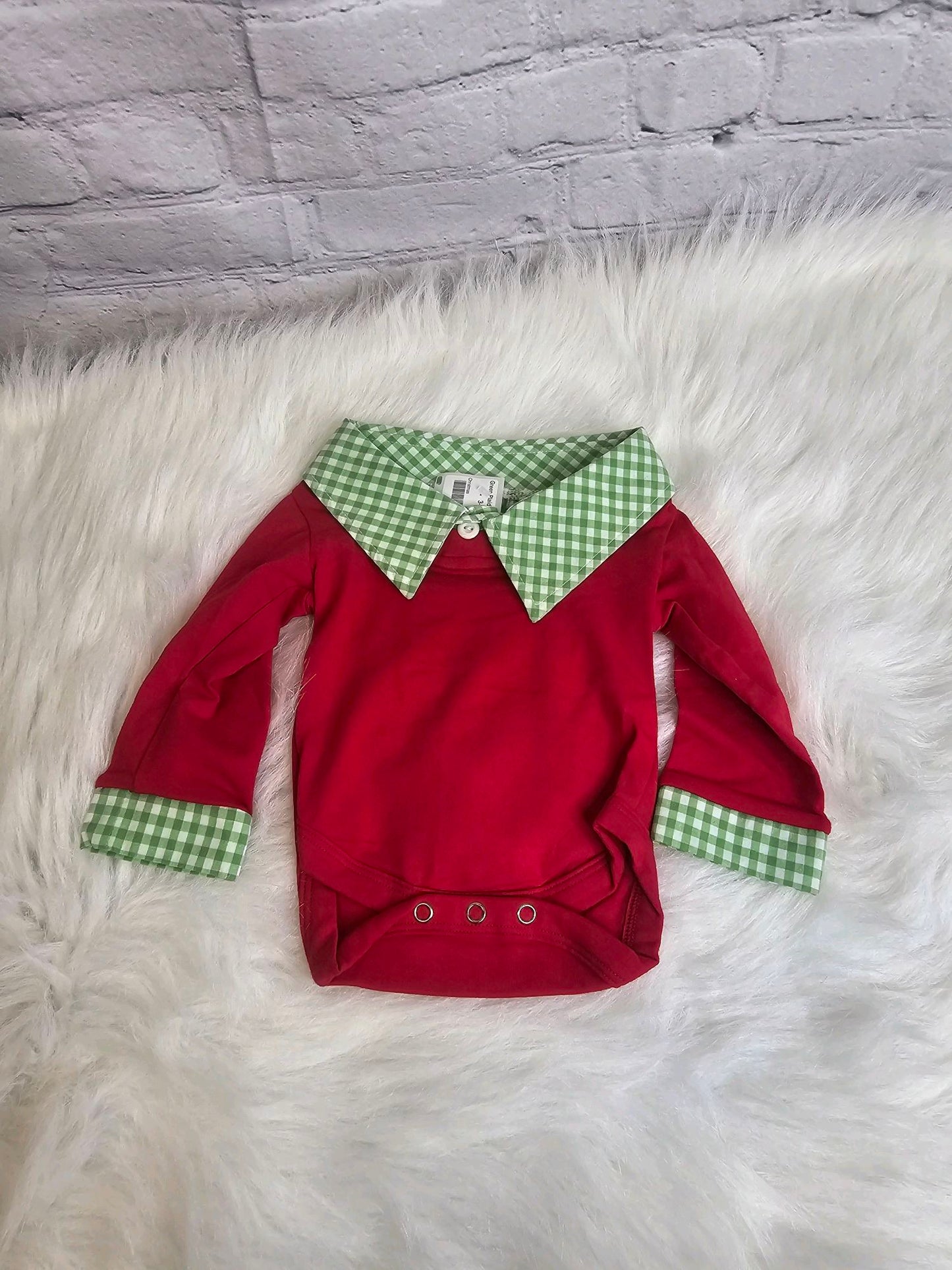 Green Plaid Collar / Red Belly Onesie