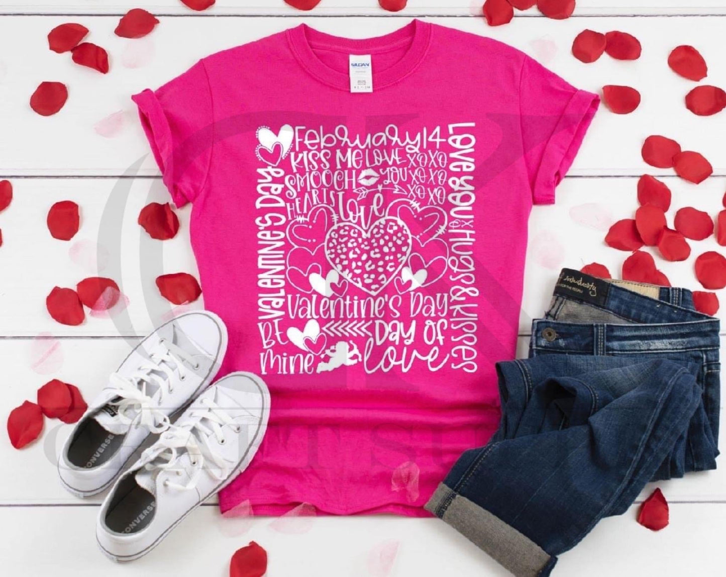 February 14 Valentine Word Typography on Heliconia Gildan Soft-Style Tee (Adult)