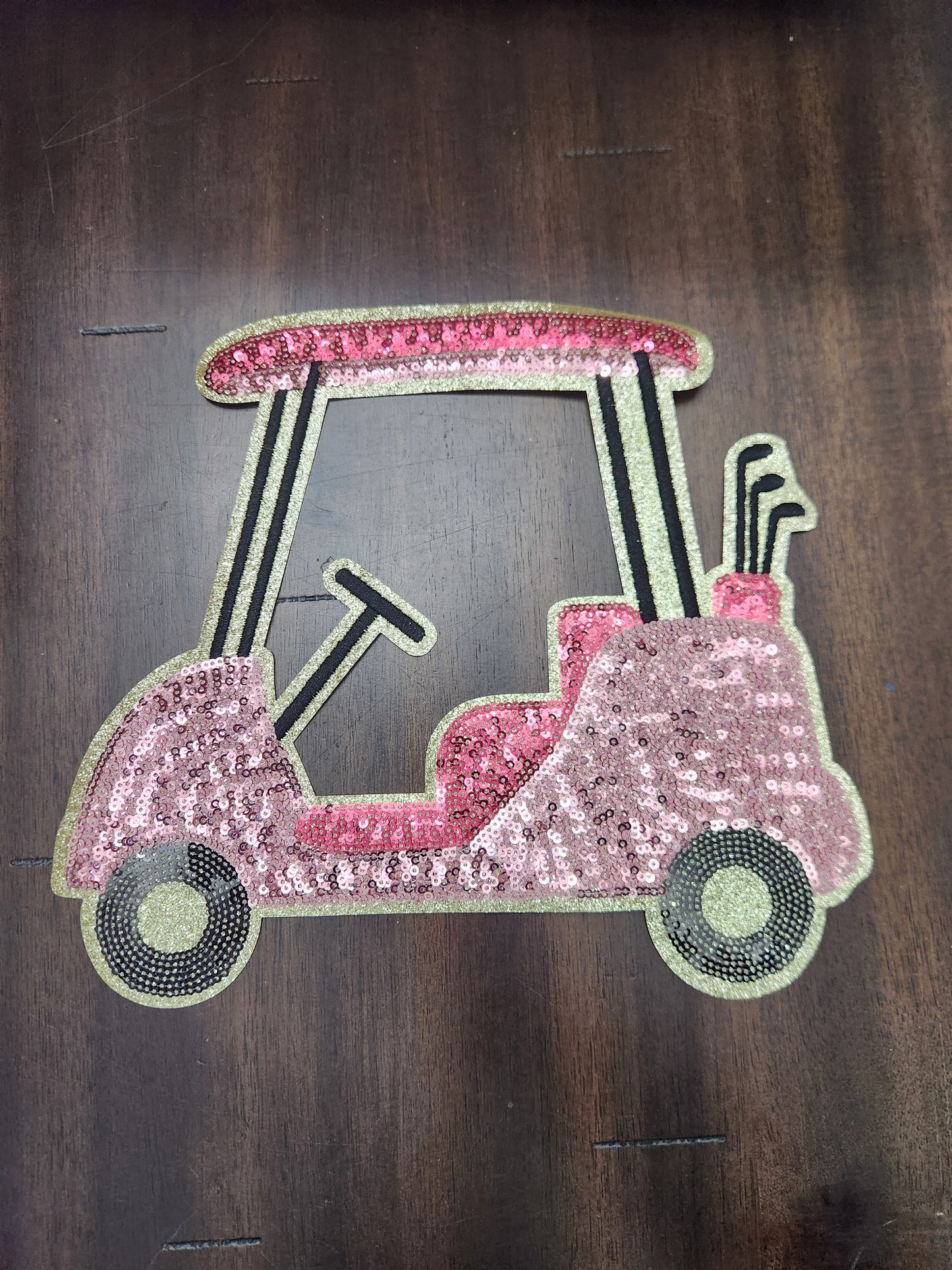 Hot Pink Golf Cart Sequin on Gold Glitter Iron On Patch