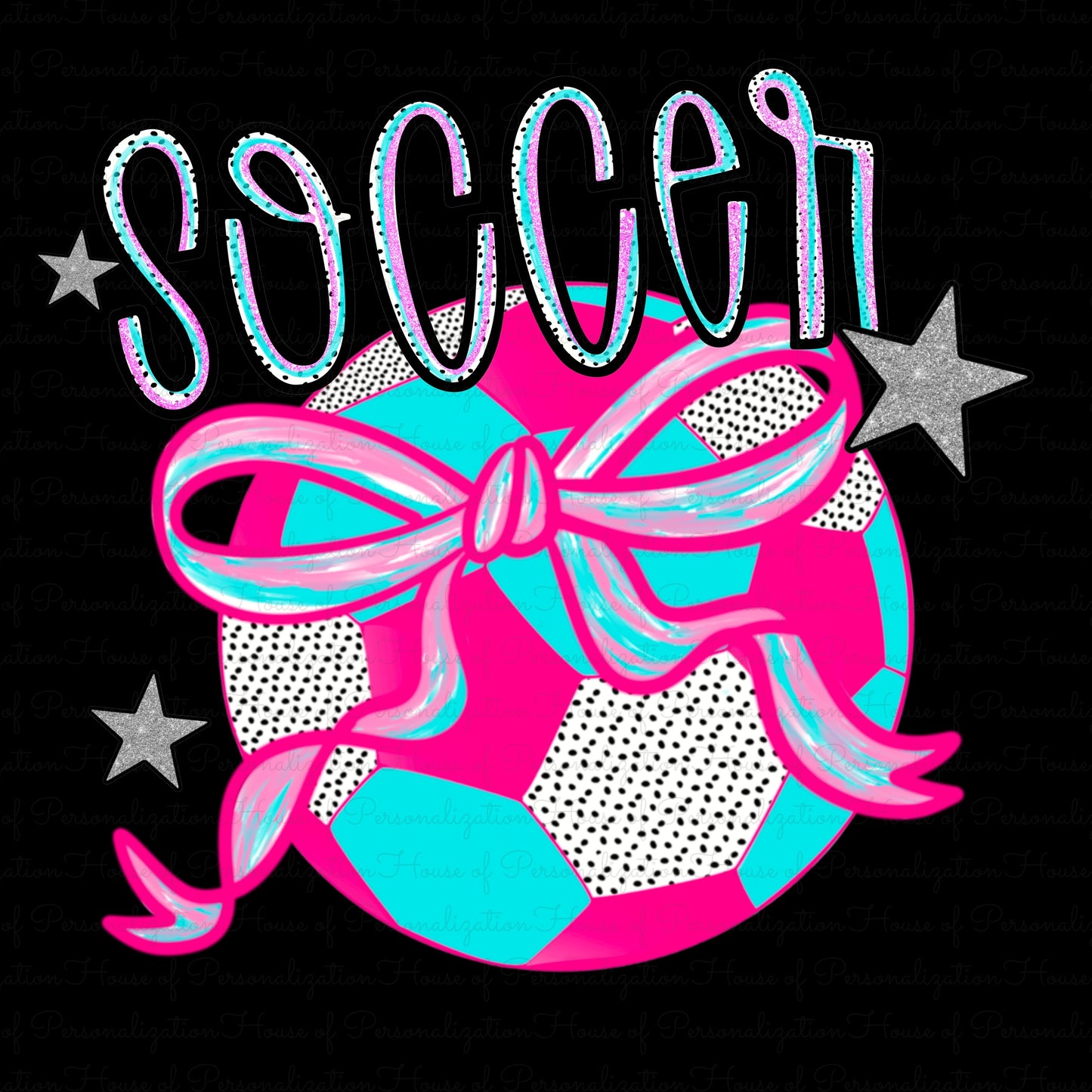Soccer Ball w/bow (hot pink aqua) DTF Transfer