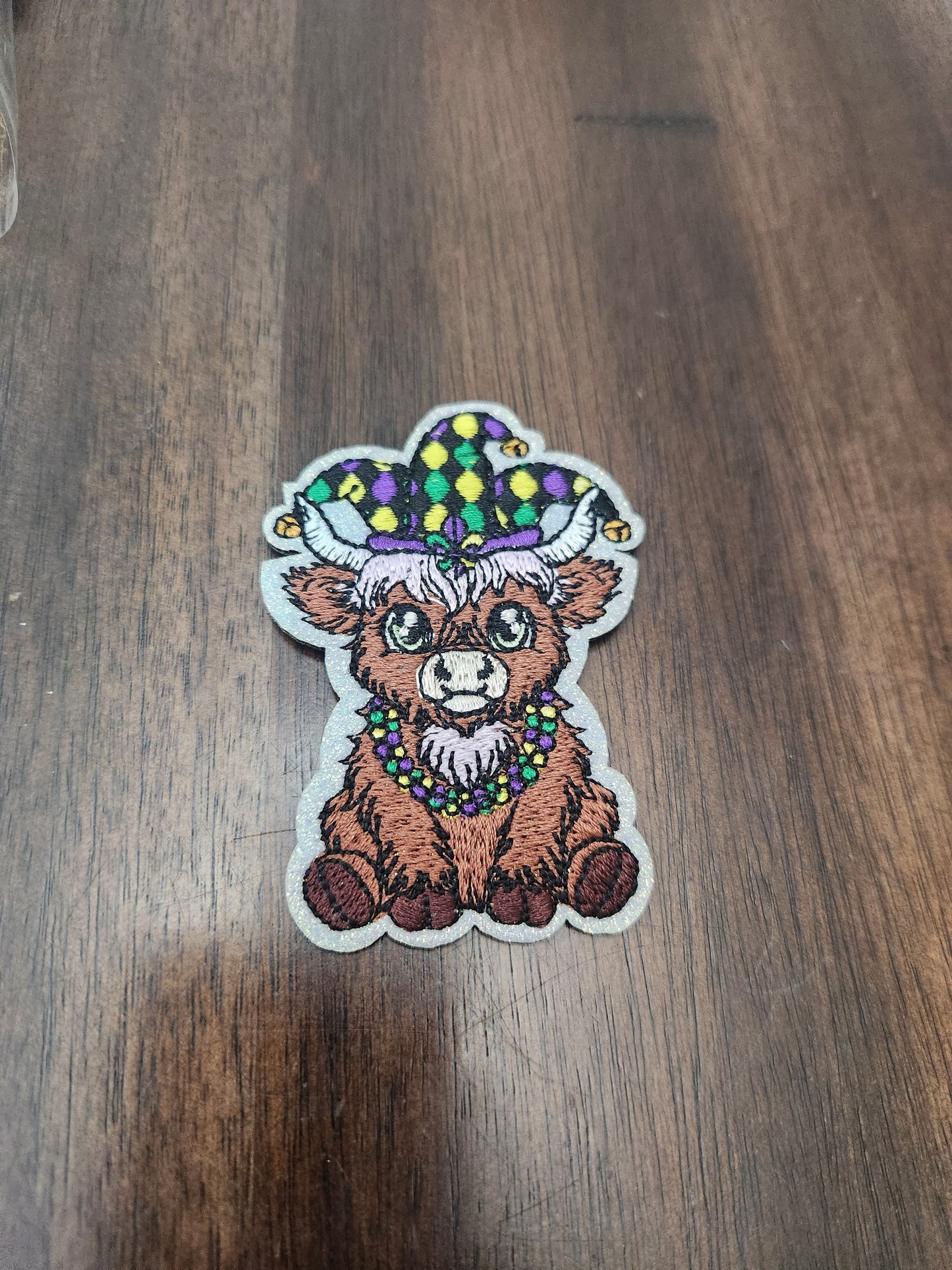Mardi Gras Highland Cow OSC Embroidered Patch