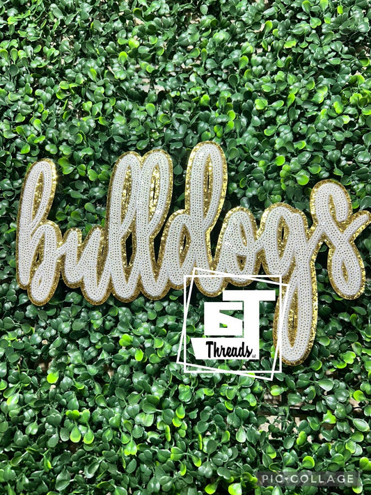 White and Gold Cursive Sequin Bulldogs....Patches Only