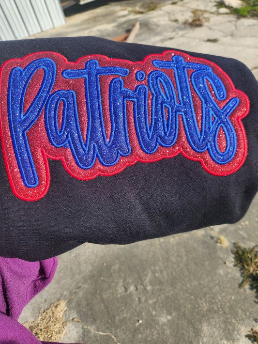 "Patriots" Royal Blue Glitter Offset in Red Glitter Embroidered Sweatshirt Double Layer Glitter Script