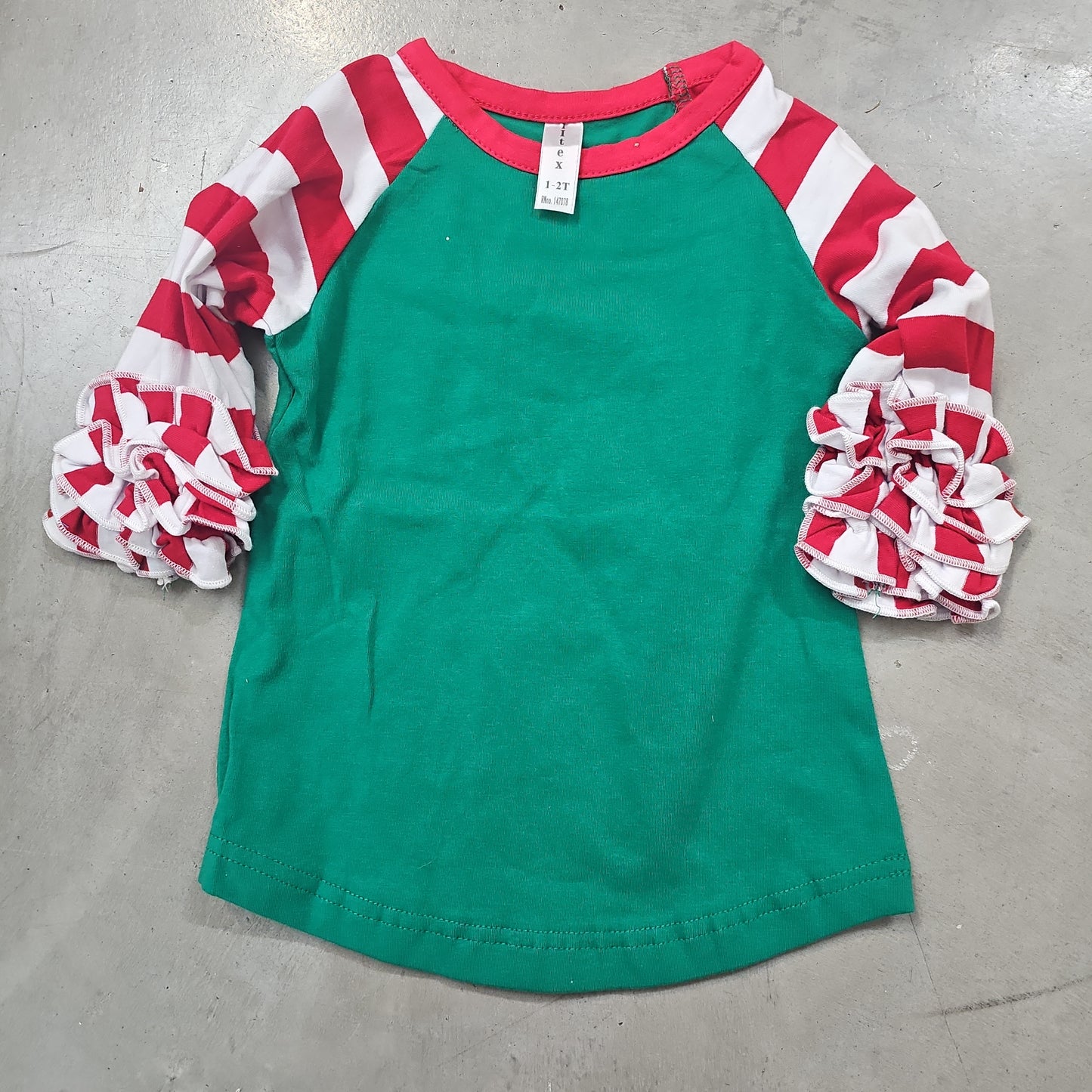 Christmas Raglan Green Belly / Red Striped Ruffle Sleeve