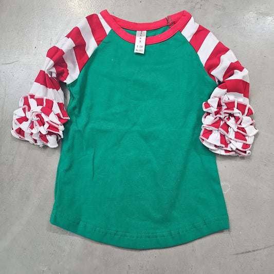 Christmas Raglan Green Belly / Red Striped Ruffle Sleeve