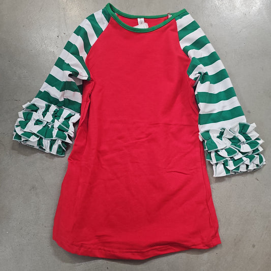 Christmas Raglan Red Belly / Green Striped Ruffle Sleeve