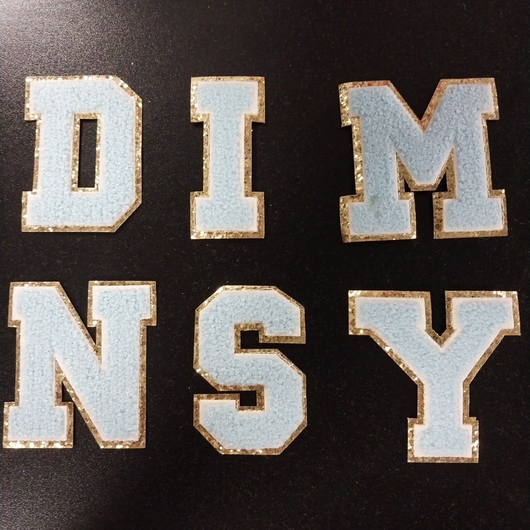 Chenille Letter Patch -3" Light Blue w/Gold Glitter Trim