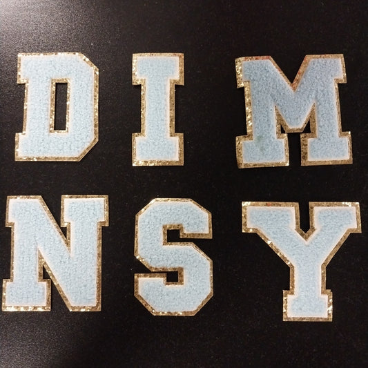 Chenille Letter Patch -3" Light Blue w/Gold Glitter Trim