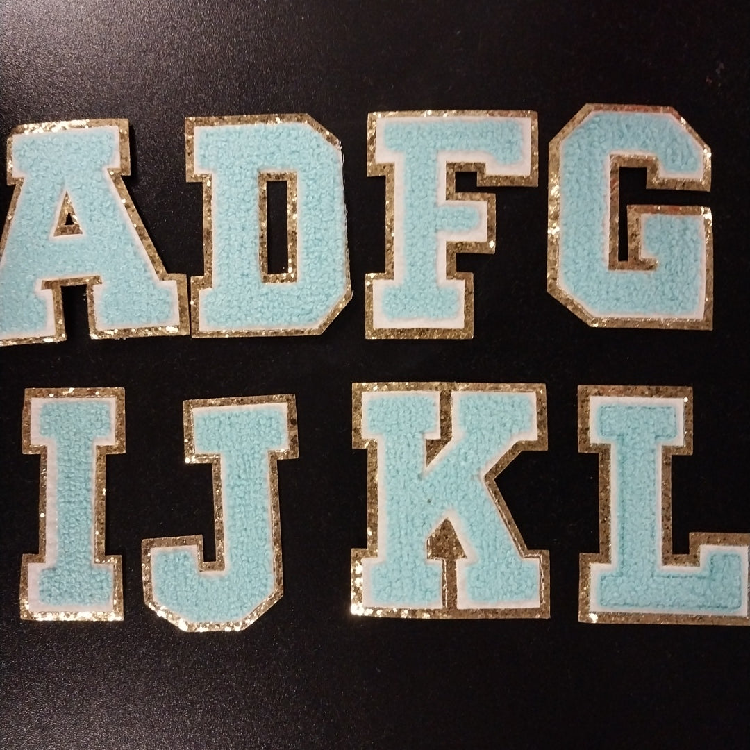 Chenille Letter Patch -3" Aqua w/Chunky Gold Glitter Trim