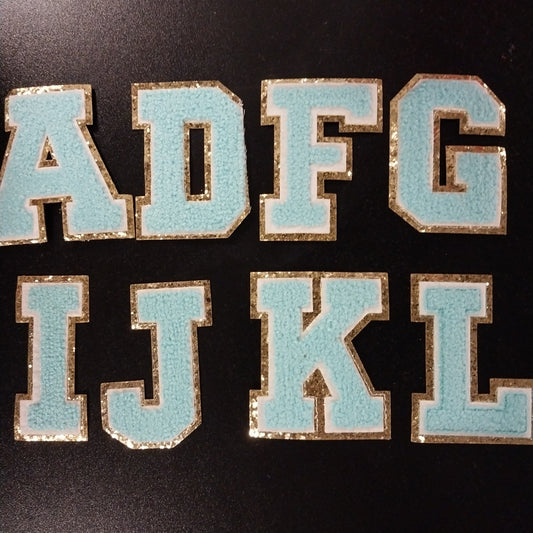 Chenille Letter Patch -3" Aqua w/Chunky Gold Glitter Trim
