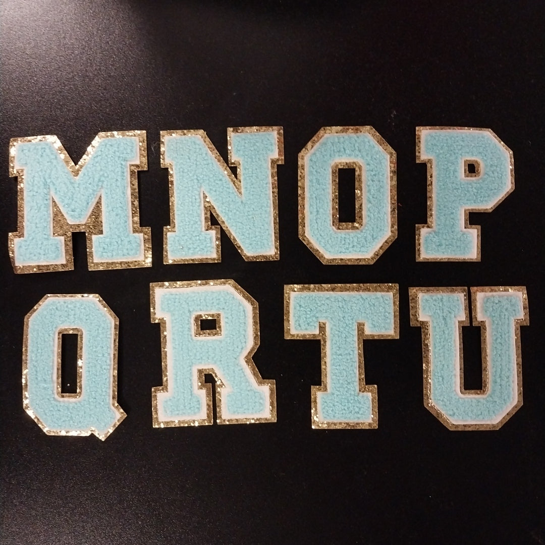 Chenille Letter Patch -3" Aqua w/Chunky Gold Glitter Trim
