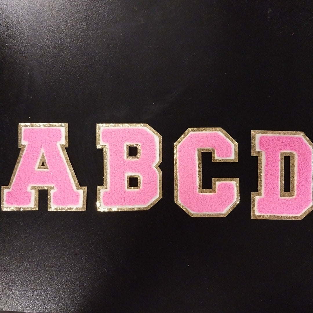 Chenille Letter Patch -3" Hot Pink w/Chunky Gold Glitter Trim