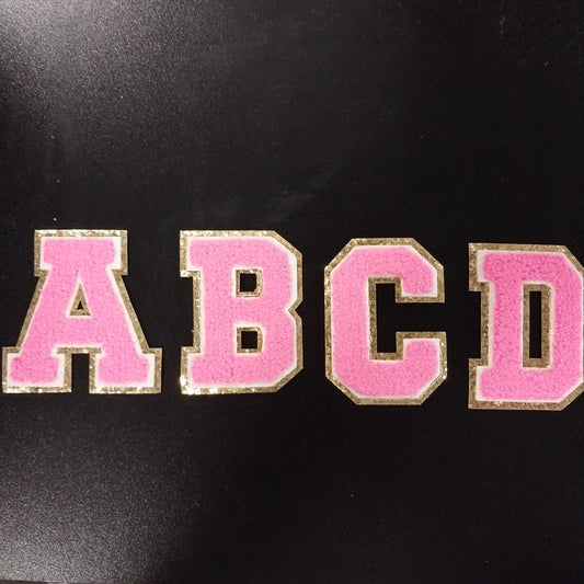 Chenille Letter Patch -3" Hot Pink w/Chunky Gold Glitter Trim