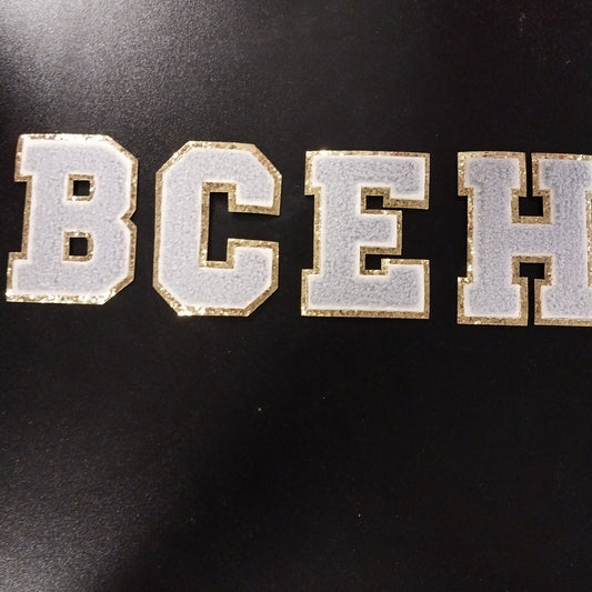 Chenille Letter Patch -3" Gray w/Chunky Gold Glitter Trim
