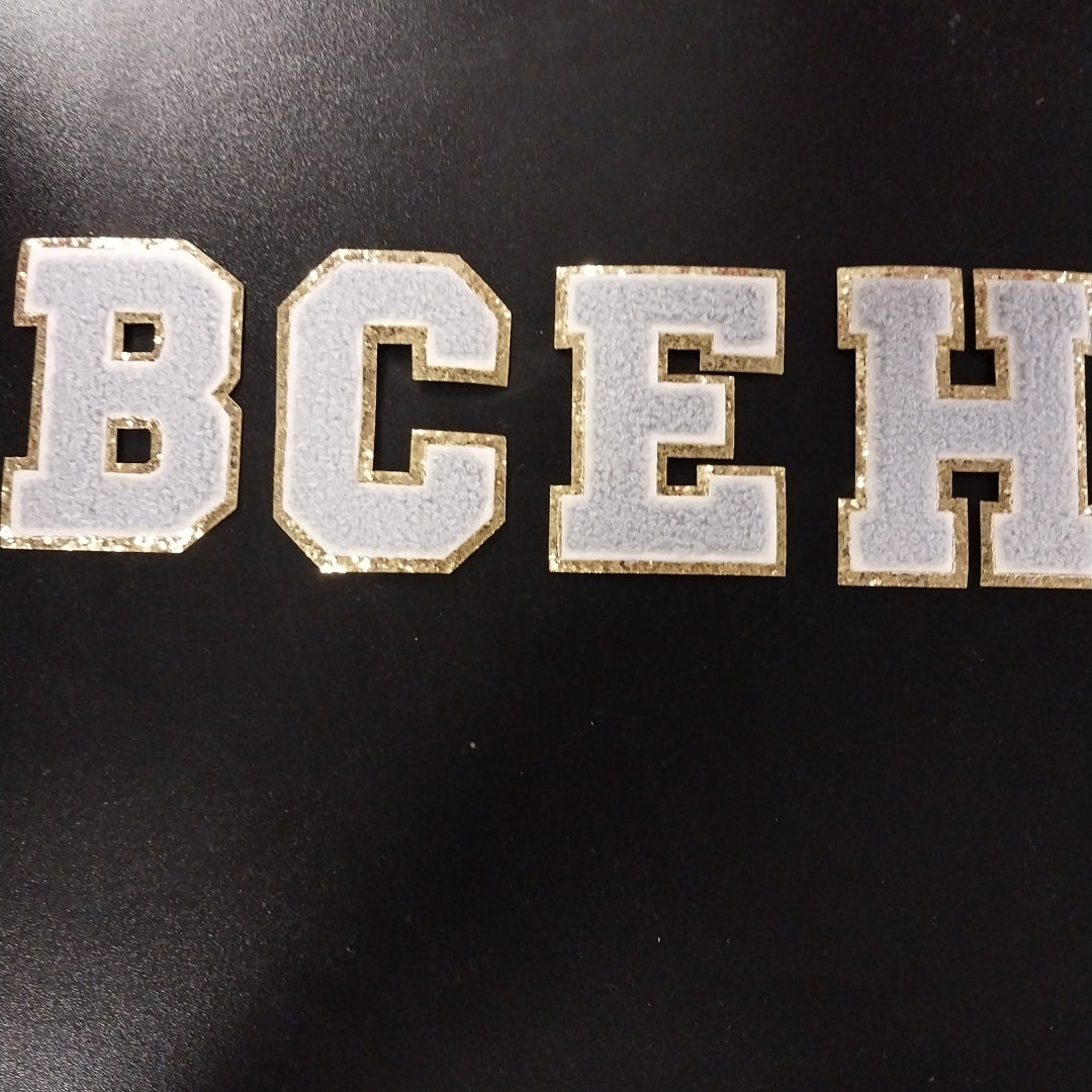 Chenille Letter Patch -3" Gray w/Chunky Gold Glitter Trim