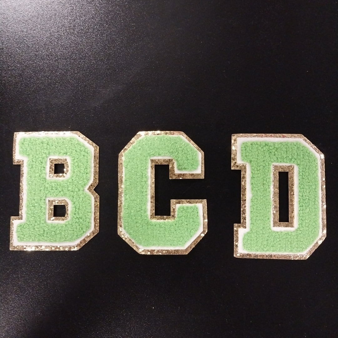 Chenille Letter Patch -3" Lime Green w/Gold Glitter Trim