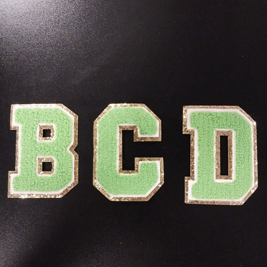 Chenille Letter Patch -3" Lime Green w/Gold Glitter Trim