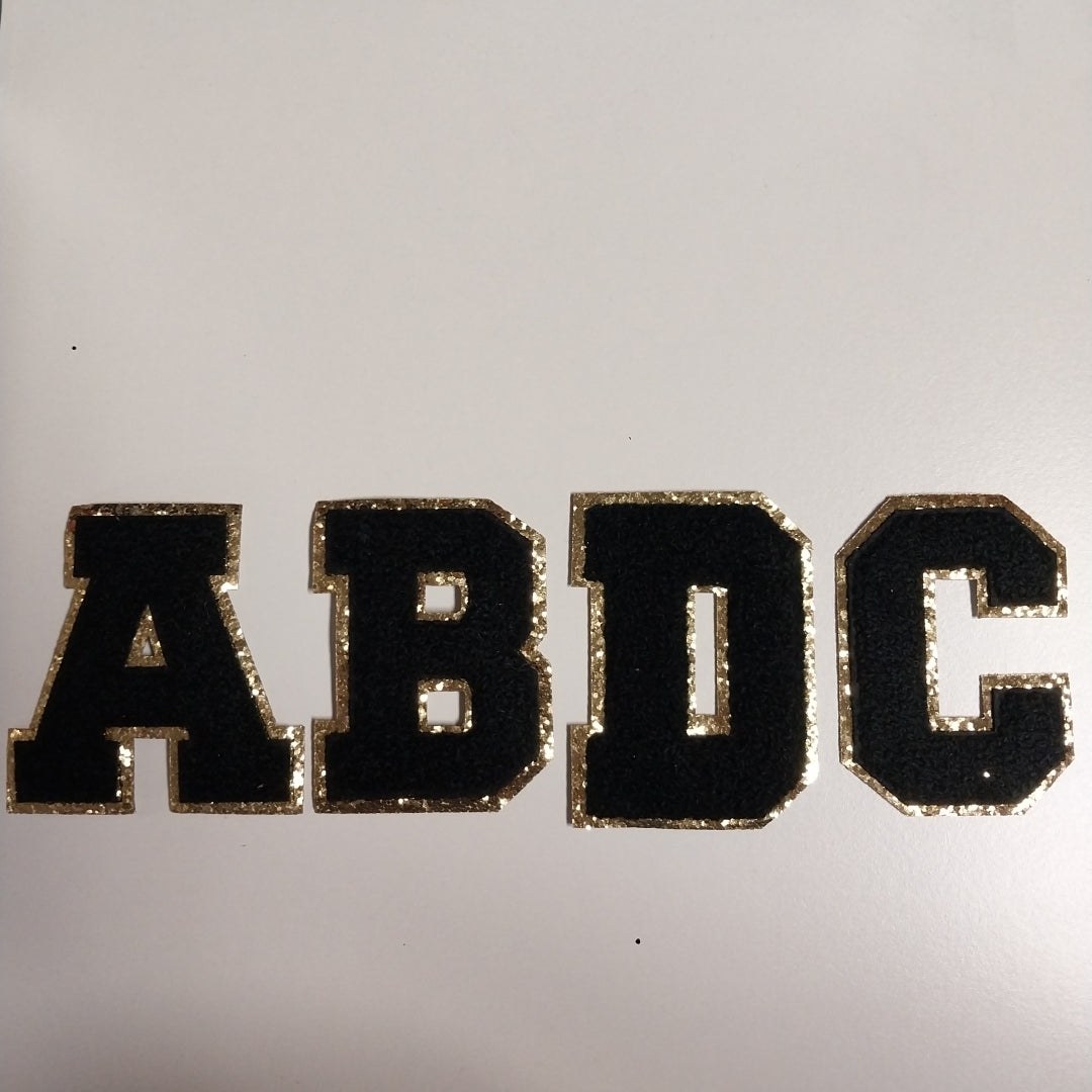 3" Black w/Chunky Gold Glitter Trim Chenille Letter Patch