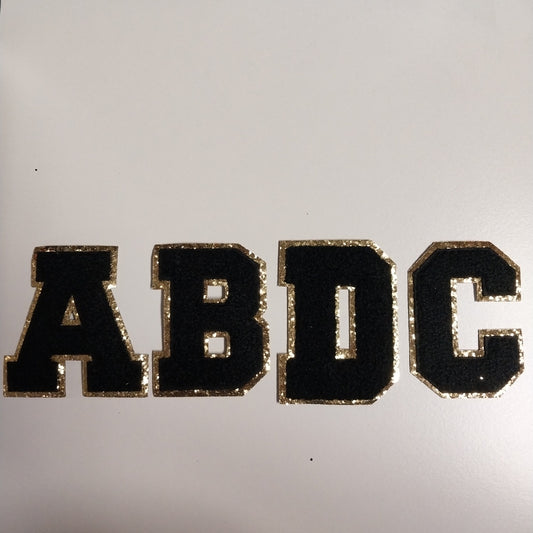 3" Black w/Chunky Gold Glitter Trim Chenille Letter Patch