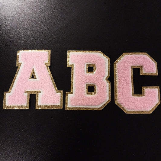 Chenille Letter Patch -3" Pink w/Chunky Gold Glitter Trim