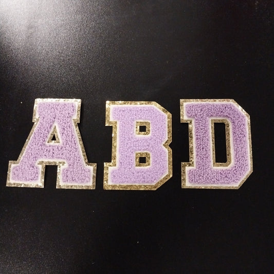 Chenille Letter Patch -3" Lavender w/Chunky Gold Glitter Trim
