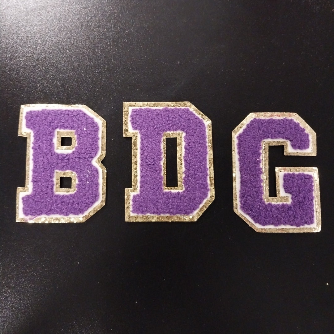 3" Purple w/Gold Chunky Glitter Trim Chenille Letter Patch