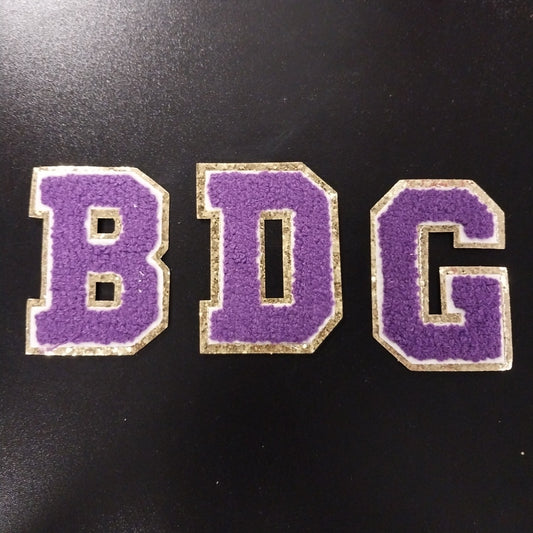 3" Purple w/Gold Chunky Glitter Trim Chenille Letter Patch