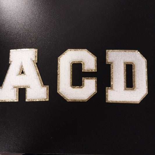 3" White w/Chunky Gold Glitter Trim Chenille Patch
