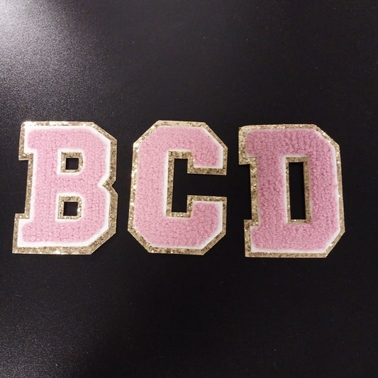 Chenille Letter Patch -3" Dusty Pink  w/Chunky Gold Glitter Trim