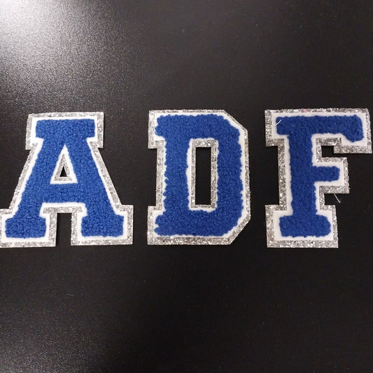 3" Royal Blue w/Chunky Silver Glitter Trim Chenille Letter Patch