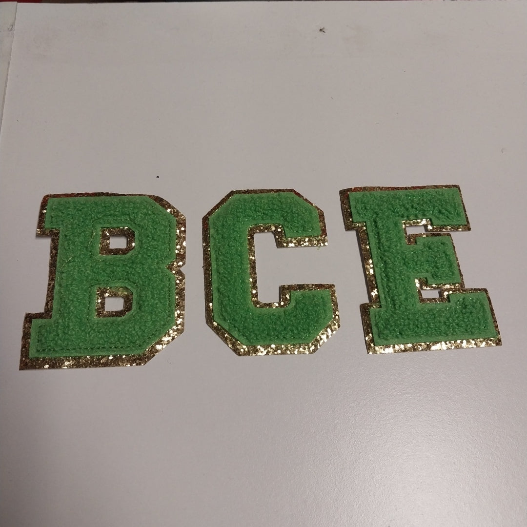 Chenille Letter Patch -3" Lime Green on Line Green w/Gold Glitter Trim