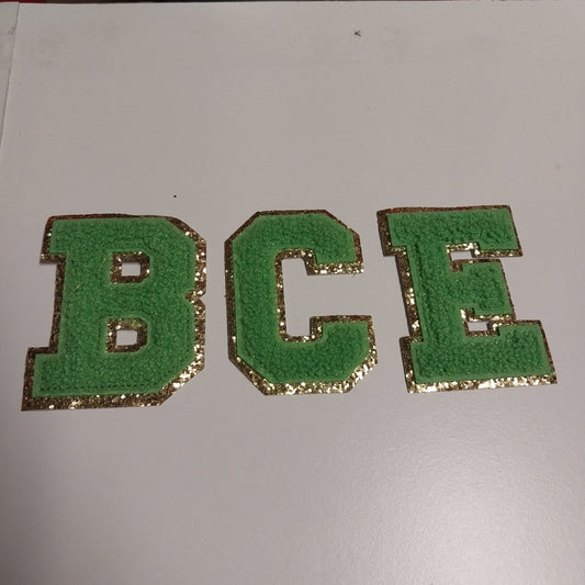 Chenille Letter Patch -3" Lime Green on Line Green w/Gold Glitter Trim