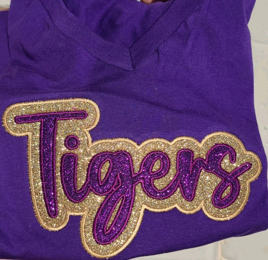 "Tigers" Eggplant Glitter Offset in Old Gold Glitter Embroidered Sweatshirt Double Layer Glitter Script